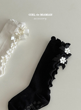 现货韩国进口婴幼儿女宝宝可爱木耳边公主中筒袜黑白色长筒小腿袜