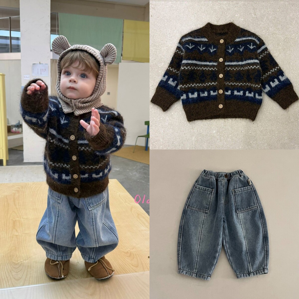 韩国进口童装男女童秋冬款复古费尔岛毛衣外套提花针织开衫AIAI