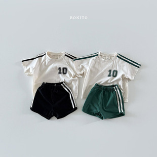 韩国进口婴幼童装男童夏季数字条纹休闲运动短袖短裤套装Bonito