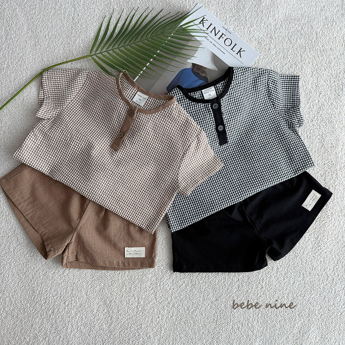 现货韩国进口婴幼童装夏季清凉舒适短袖短裤洋气格子休闲套装