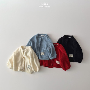 韩国进口婴幼童装洋气百搭加厚针织开衫外套男女童秋冬款红色上衣