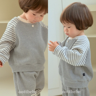 韩国进口婴幼童装春秋华夫格休闲运动套装条纹插肩袖卫衣束脚卫裤