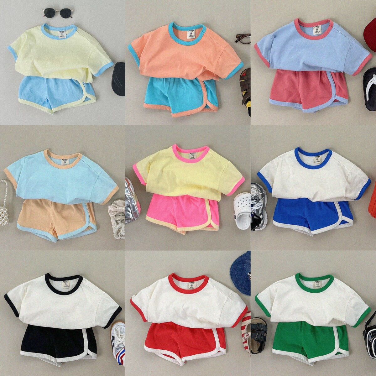 现货韩国进口婴幼童装撞色休闲运动短袖短裤套装夏季糖果色两件套