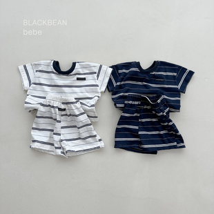 现货韩国进口婴幼童装夏季柔软舒适条纹宽松休闲运动短袖短裤套装