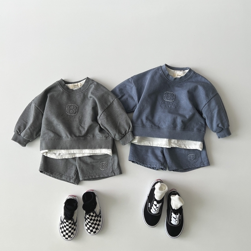 韩国进口婴幼童装男童春季立体数字休闲运动卫衣短裤套装Amigo