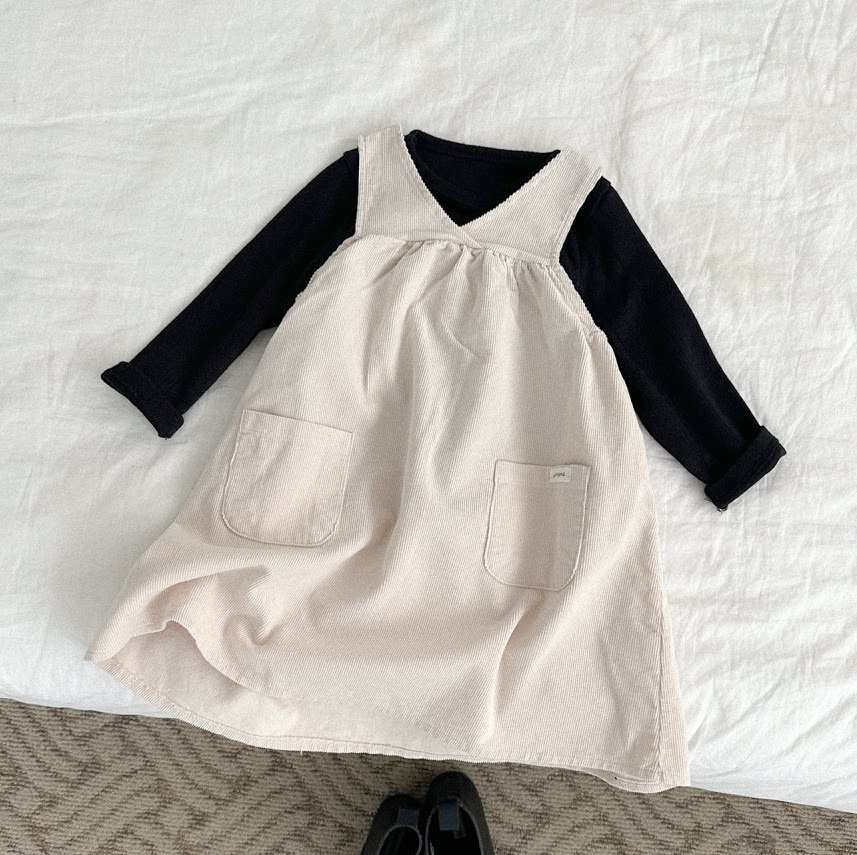 韩国进口婴幼童装女童春秋季复古日系条绒背带连衣裙高腰背心裙