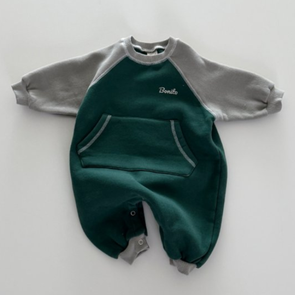 韩国进口婴儿撞色插肩袖加绒连体衣男宝宝冬款加厚美式爬服卫衣