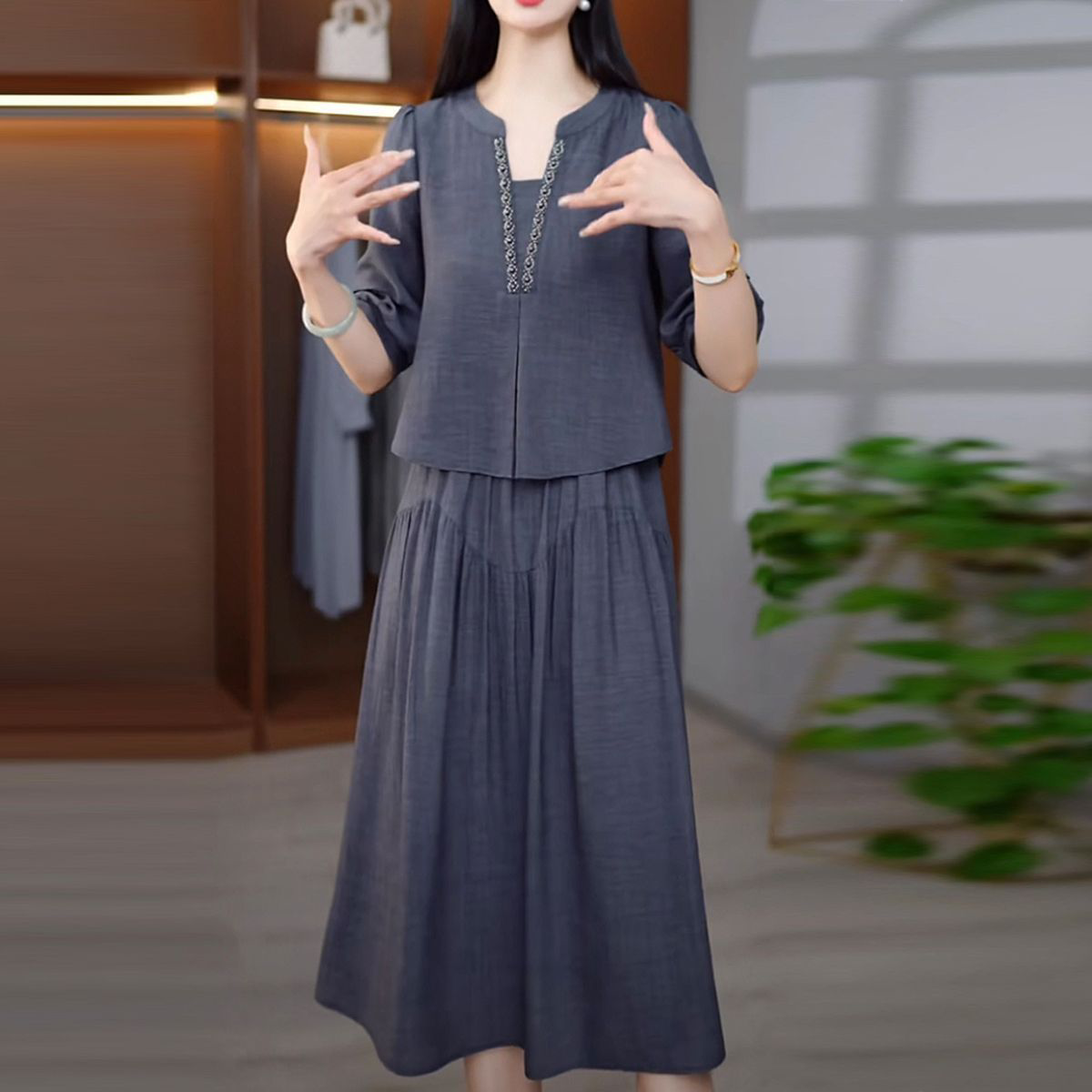 春夏大码遮肉高腰显瘦过膝中长裙子高质感优雅妈妈假两件连衣裙