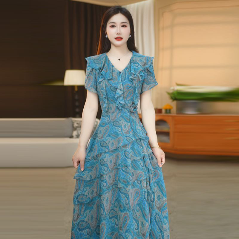 2026夏季新款海边度假连衣裙时尚洋气减龄荷叶边碎花大摆裙M-4XL