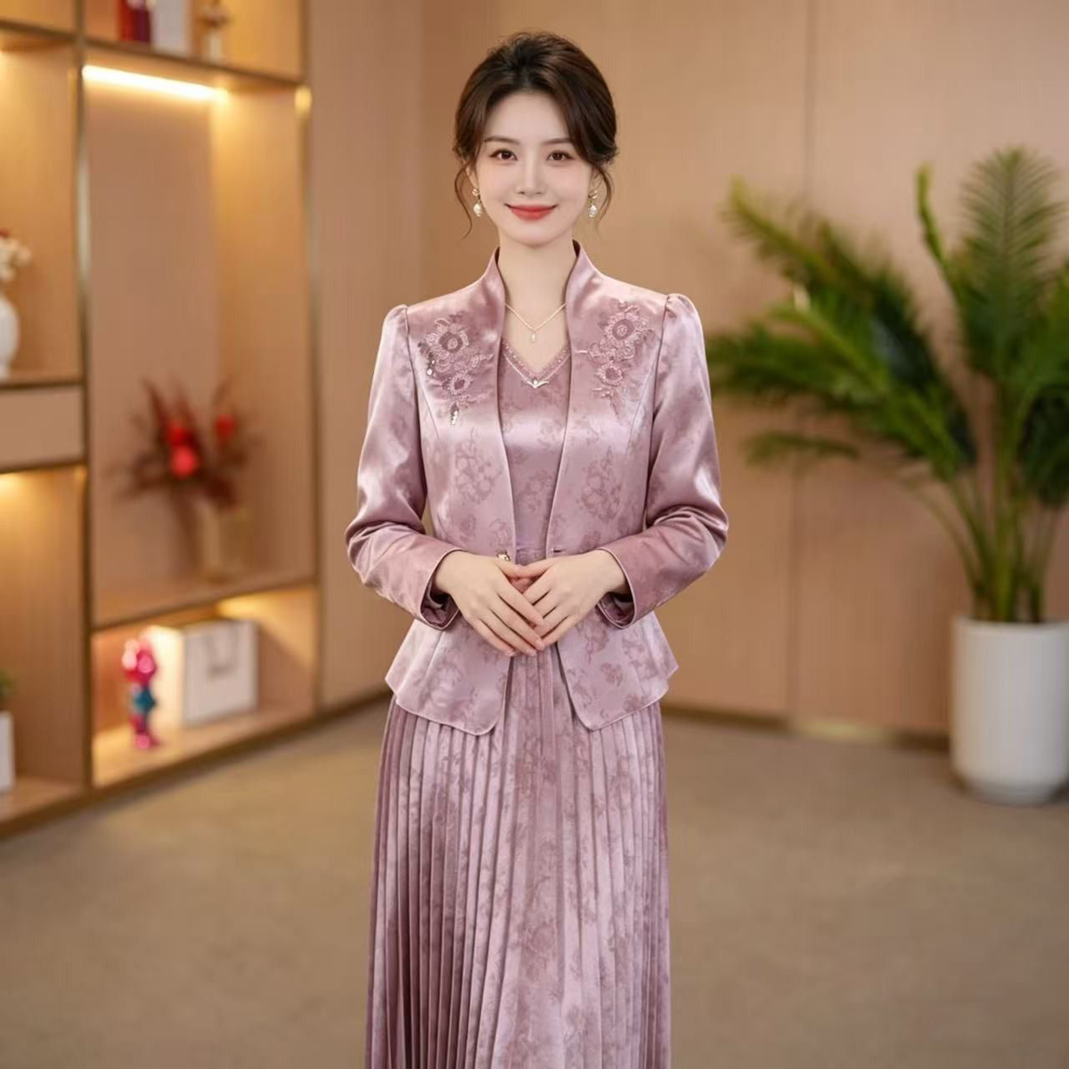 2026新款贵气优雅两件套裙子珍珠缎重工刺绣外套连衣裙时尚套装女