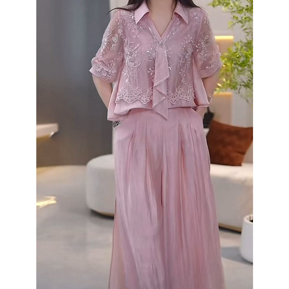 2026春夏新款时尚减龄修身显瘦休闲套装气质桑波缎上衣裤子两件套