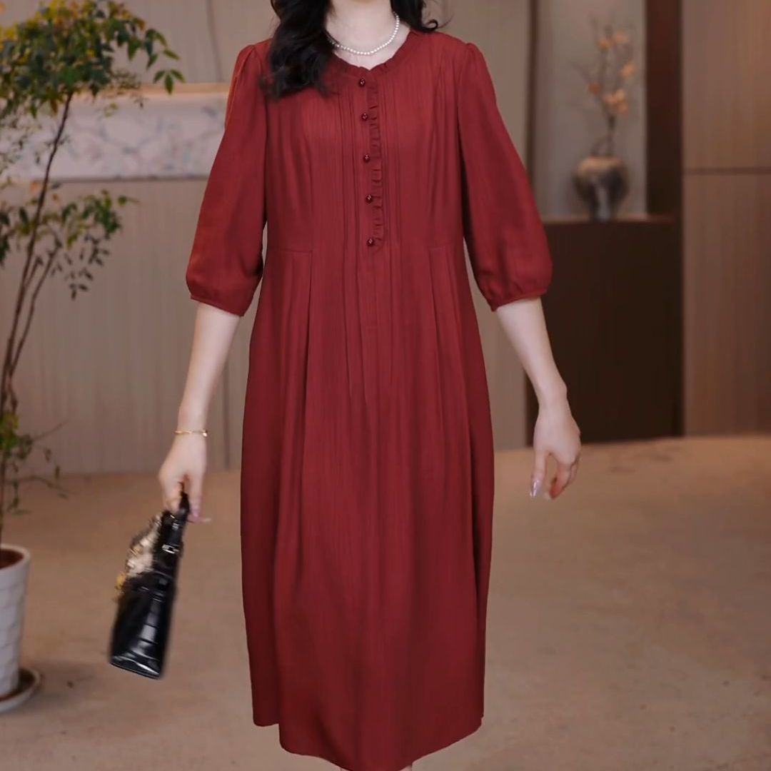 2026春夏新款宽松遮肉薄款大码妈妈连衣裙高级冰竹丝婚宴喜宴礼服 - 实物图