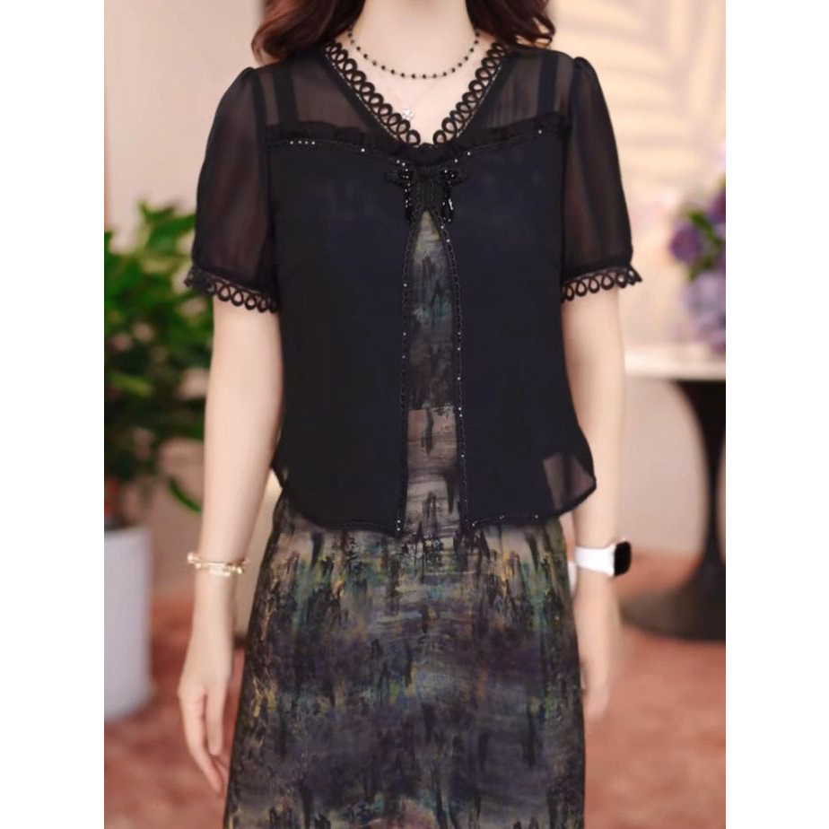 2026夏季新款优雅洋气显瘦裙子水晶琉璃丝拼接冰丝邹假两件礼服裙