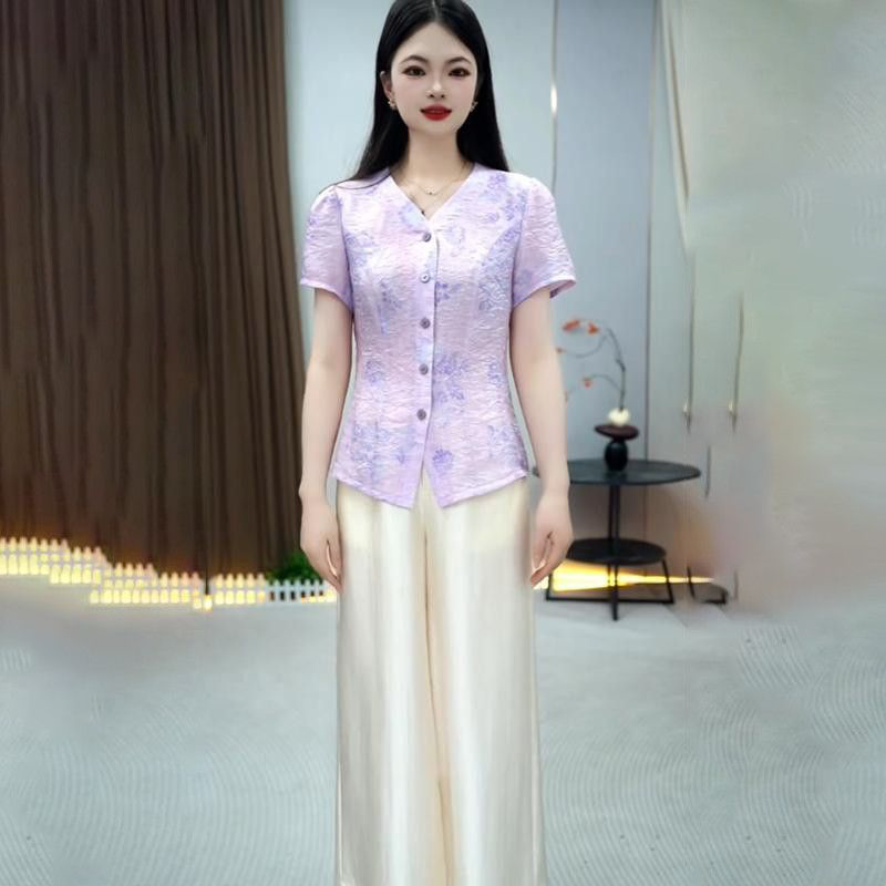 2026年夏季新款时尚洋气两件套女装大码中年妈妈新中式国风套装