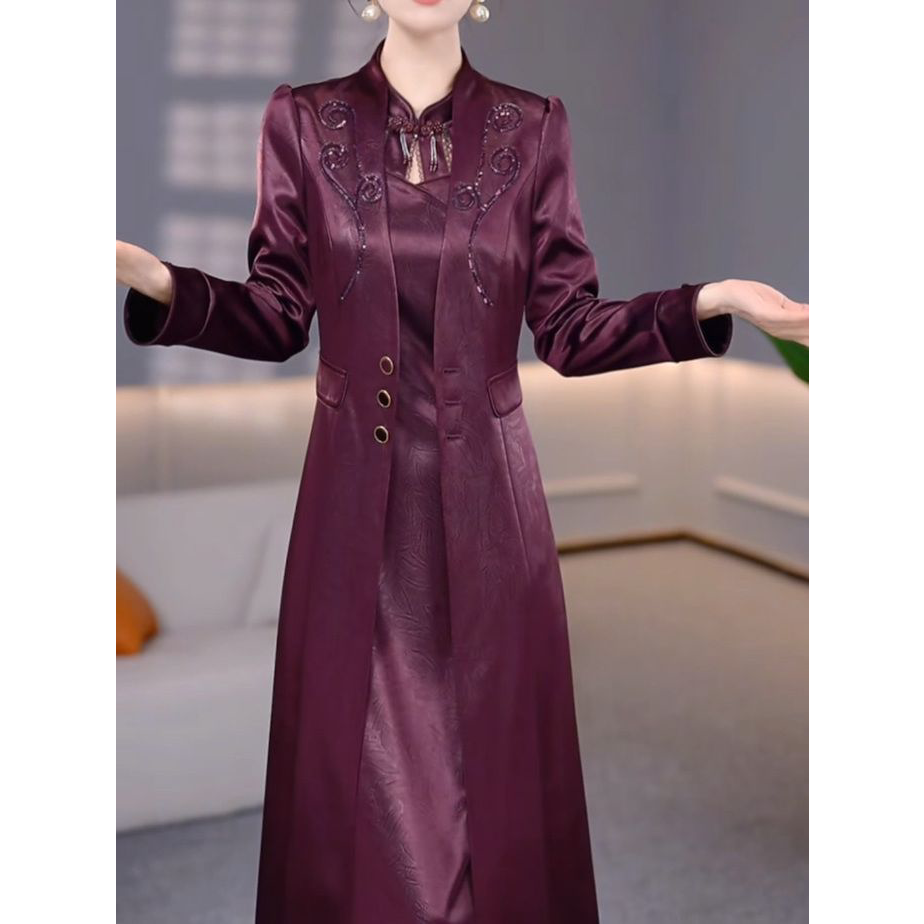 2026新款高级琉璃精纺布料时尚套装裙精致简约旗袍遮肉两件套女