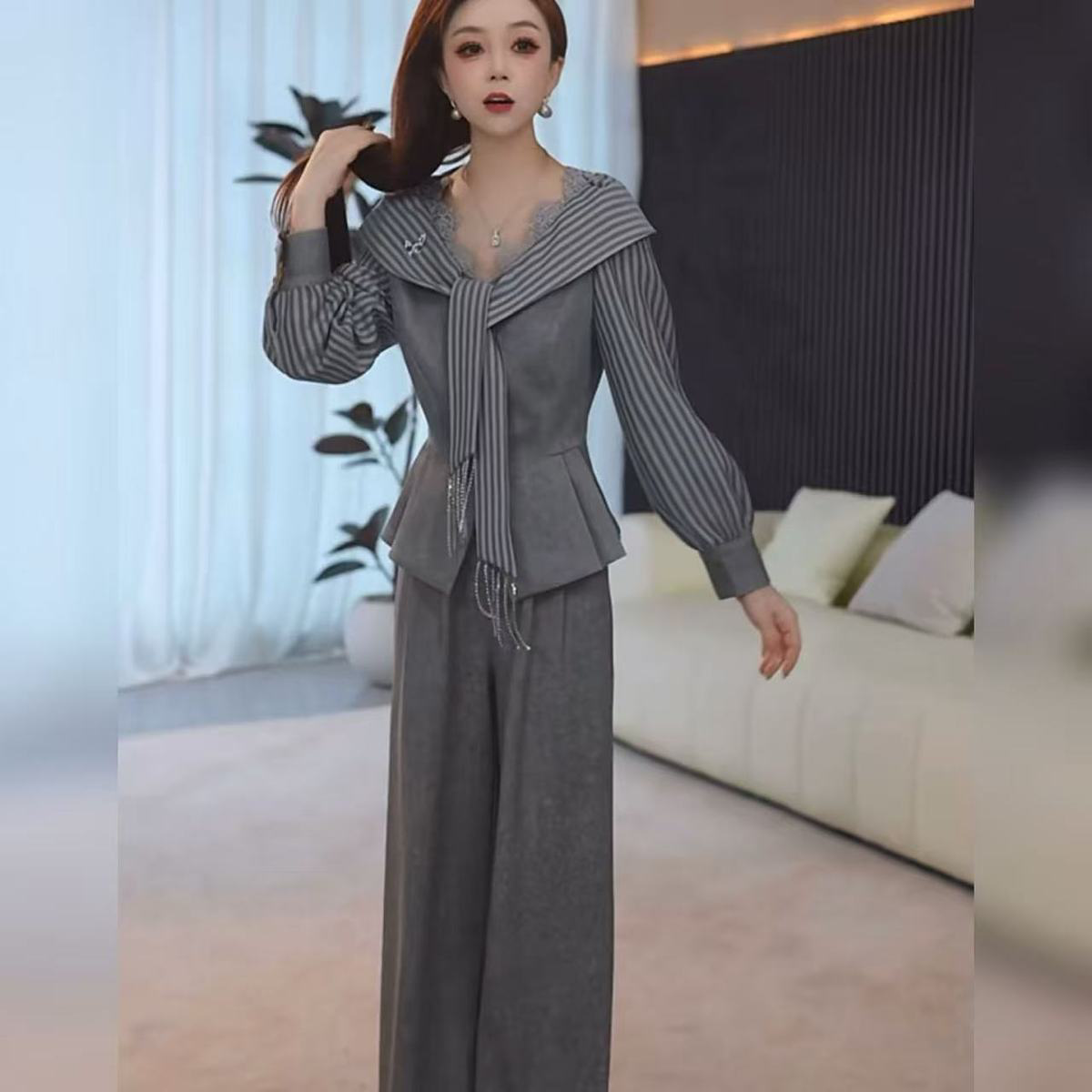 早秋新款高端时尚简约宽松洋气休闲收腰气质减龄高腰修身女装套