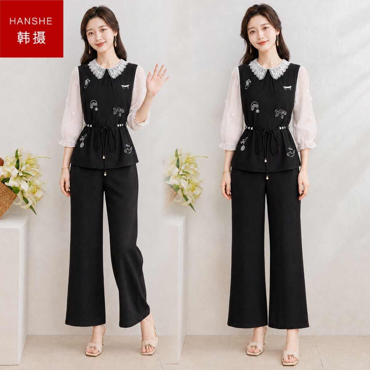 韩摄时尚洋气职业套装女2026秋季新款小个子高腰遮肉显瘦两件套潮