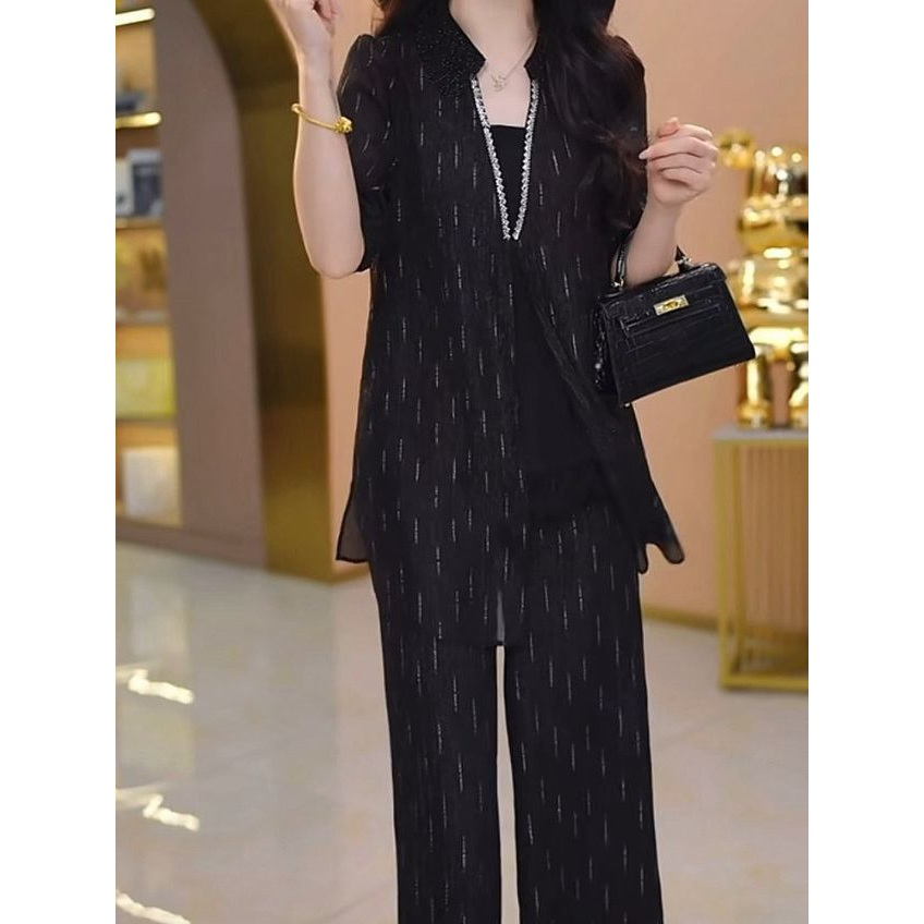 2026夏季新款时尚轻奢洋气显瘦套装气质高档流光丝上衣裤子两件套