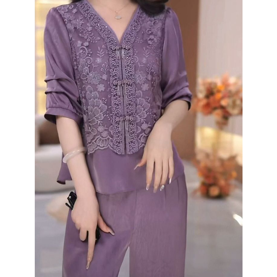 2026春夏新款气质显瘦优雅套装新中式提花缎刺绣上衣裤子两件套装