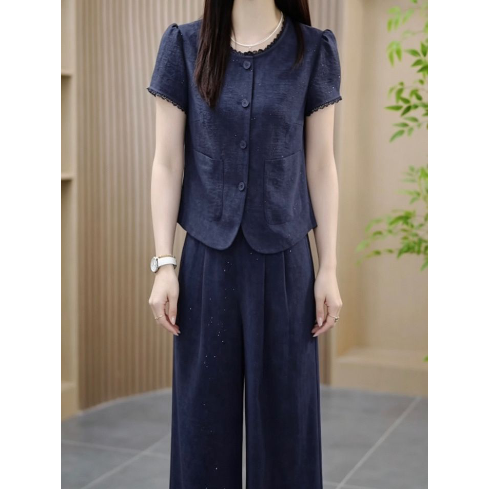 2026夏季新款高级蓝美原纱时尚套装洋气上衣阔腿裤减龄显廋两件套