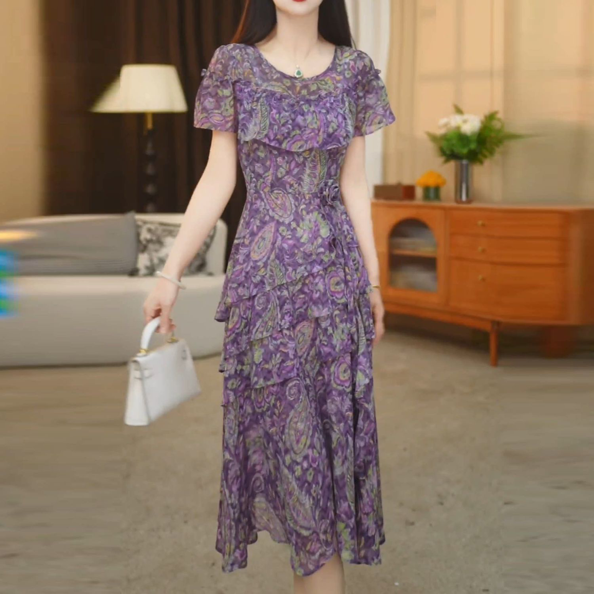 2026新款夏爆款减龄妈妈装雪纺过膝a字裙紫色印花连衣裙女