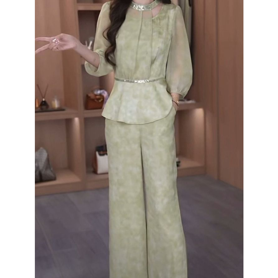 2026春夏新款气质显瘦休闲时尚套装高级花螺琉璃丝两件套上衣裤子