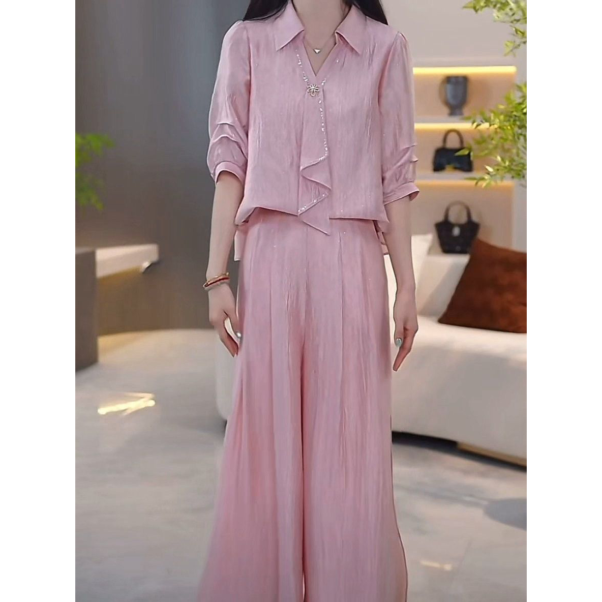 2026春夏新款气质休闲显瘦减龄洋气套装时尚桑波缎两件套上衣裤子