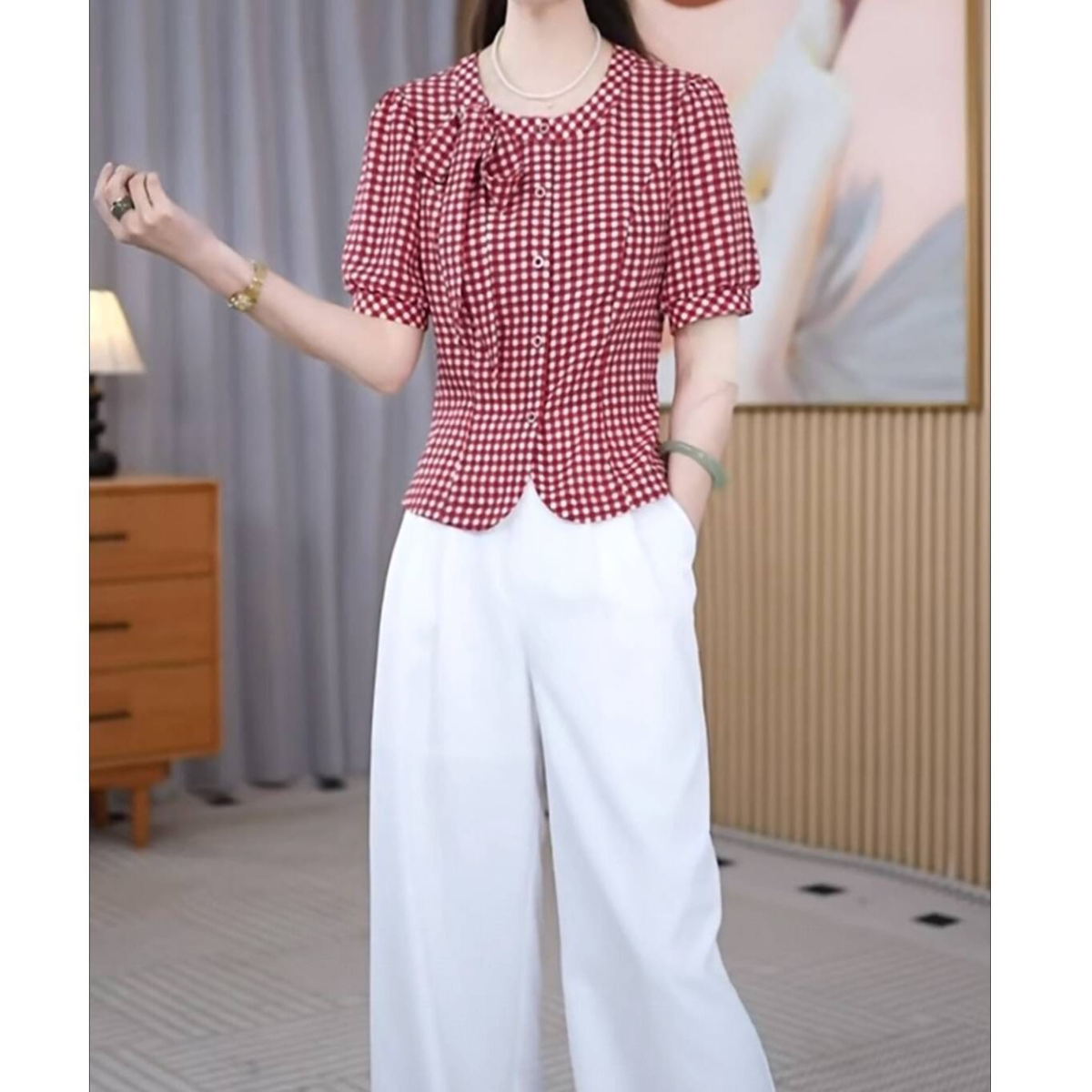 高端时尚夏装新款设计感格纹百搭上衣+裤子休闲精致两件套装女士