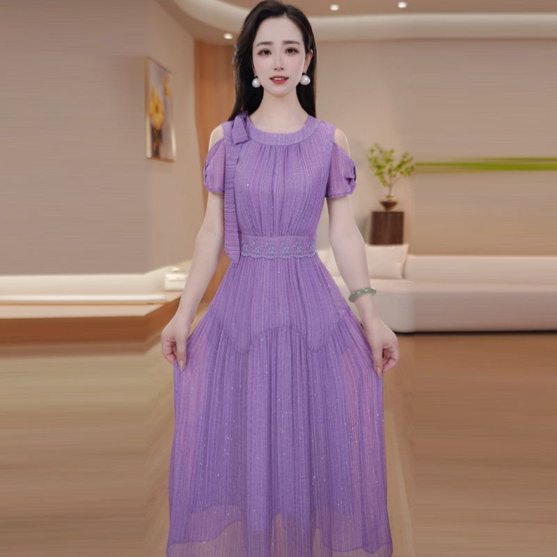 2026夏季新款高级轻羽丝面料短袖连衣裙女小香风露肩显瘦礼服裙子
