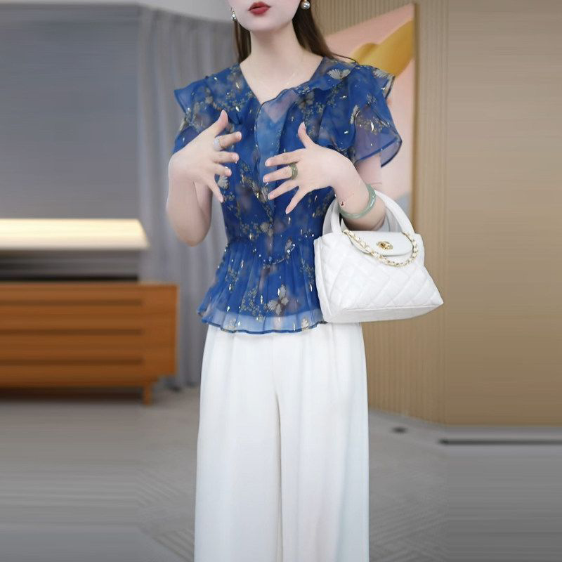 2026新款夏季时尚薄款印花短袖通勤风长裤套装爆款女装两件套套裤