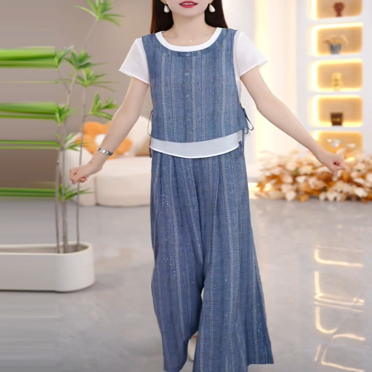 2026新款时尚休闲套装女夏宽松气质轻薄款妈妈装小衫阔腿裤两件套