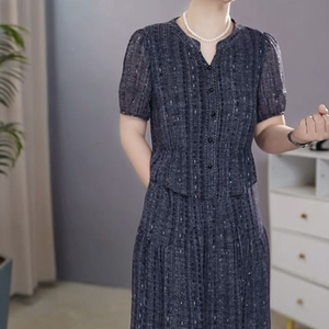2026夏季新款高级云锦丝假两件薄款短袖礼服裙遮肉显瘦中长款裙子