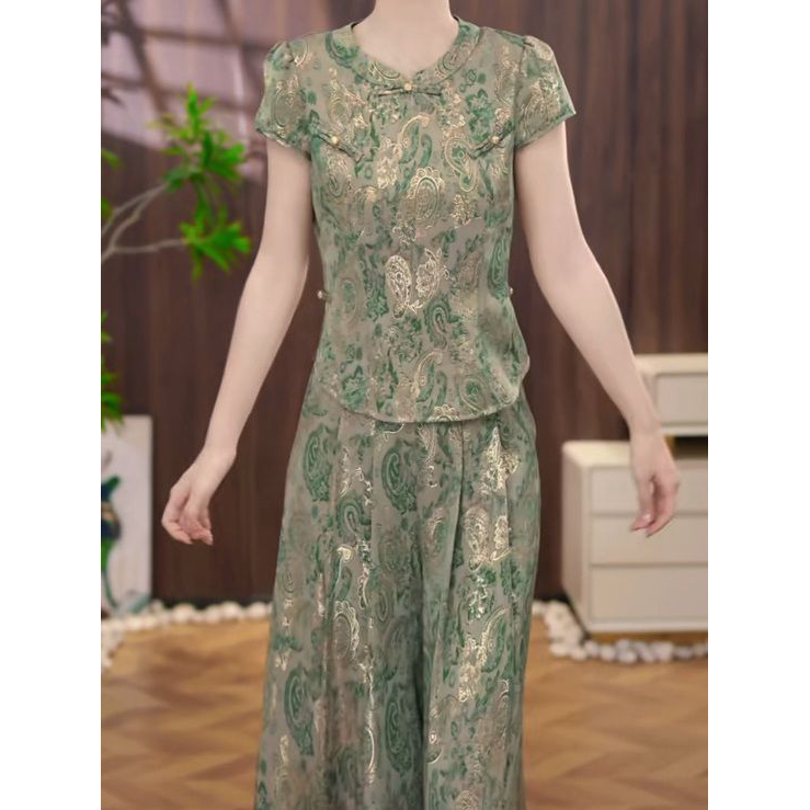2026夏季新款洋气上衣裤子显瘦两件套高档提花珠光段时尚套装女