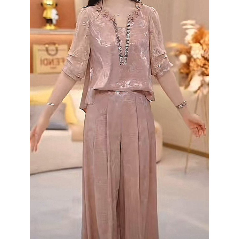 2026夏季新款时尚气质优雅显瘦洋气套装高档冰丝缎两件套上衣裤子