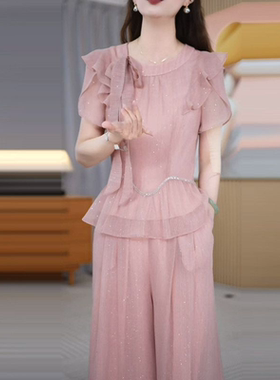 2026年夏季新款女装设计感粉色洋气减龄上衣+裤子两件套装M-4XL