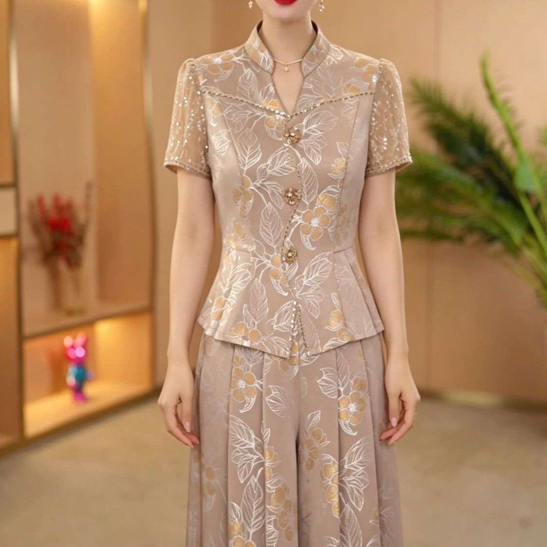 2026夏季新款收腰遮肉套装高级冰丝缎新中式国风上衣裤子两件套女