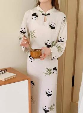 复古长袖新中式绿色国风人造棉改良旗袍裙子蛋白棉绸大码连衣睡裙