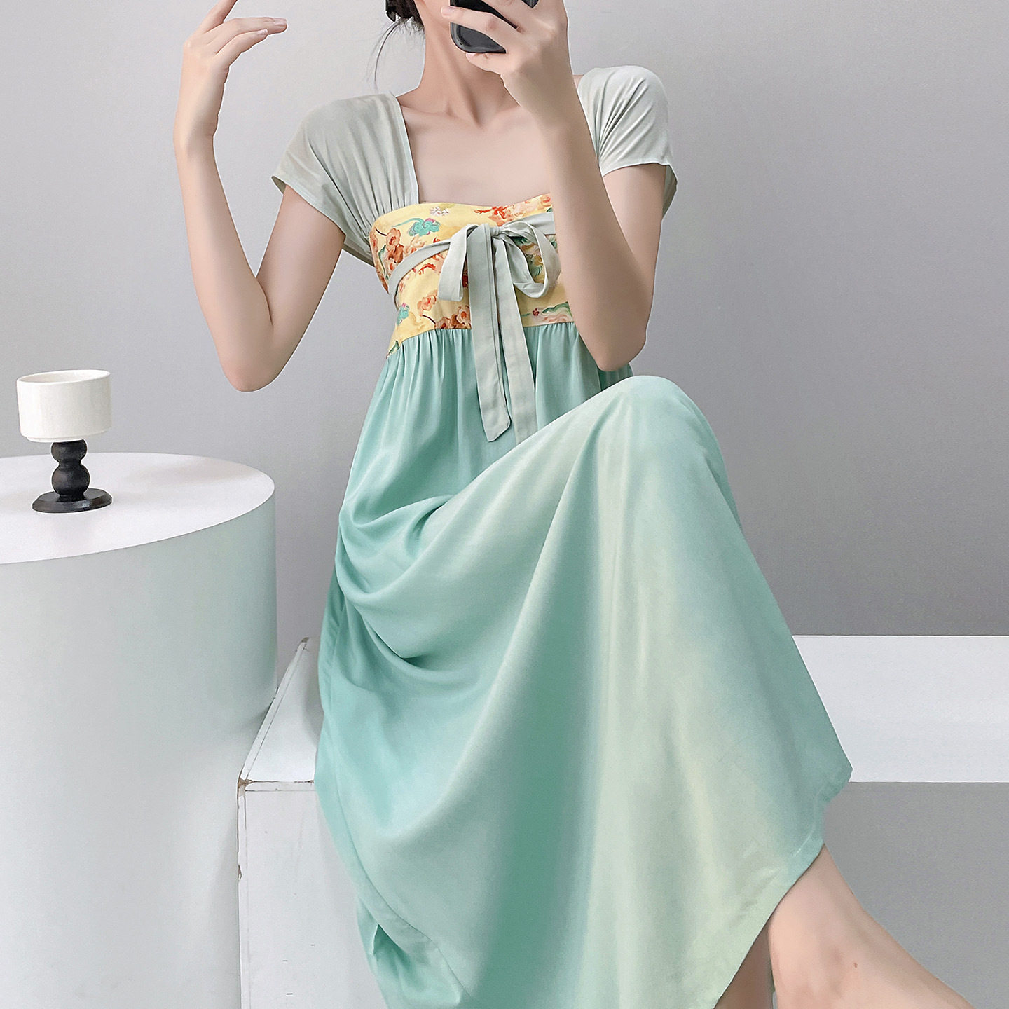 汉服睡裙女夏季方领短袖裙子纯色系带国风棉绸家居服薄荷绿绵绸裙