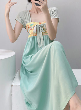 汉服睡裙女夏季方领短袖裙子纯色系带国风棉绸家居服薄荷绿绵绸裙