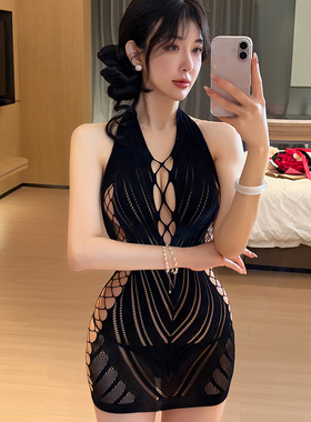 黑色挂脖镂空透视网眼包臀裙夏季辣妹睡裙性感网衣情调免脱床上
