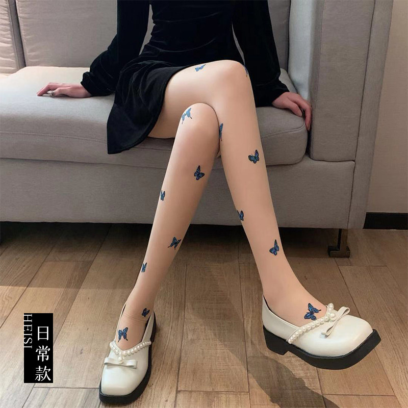 性感蓝色蝴蝶连体纹身丝袜