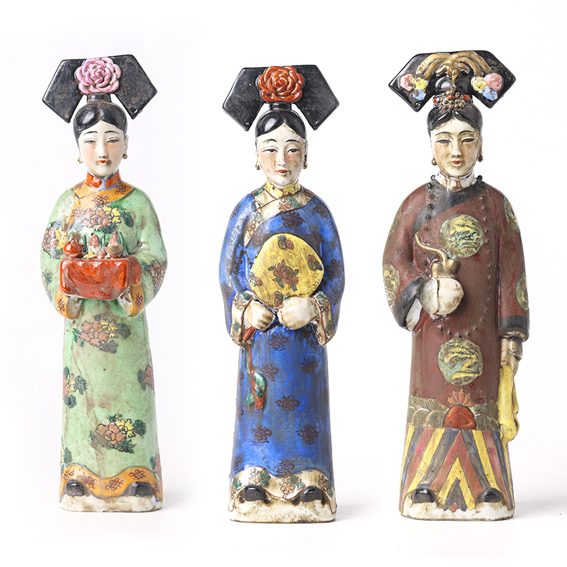 景德镇明清古典陶瓷侍女套装三个青花粉彩工艺仿古陶瓷摆件雕塑瓷