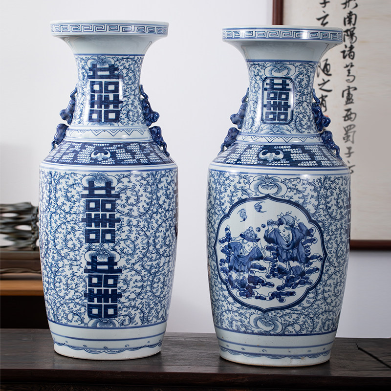 景德镇中式仿古双耳喜字花瓶落地大花瓶结婚陶瓷花瓶礼品瓷婚庆瓷