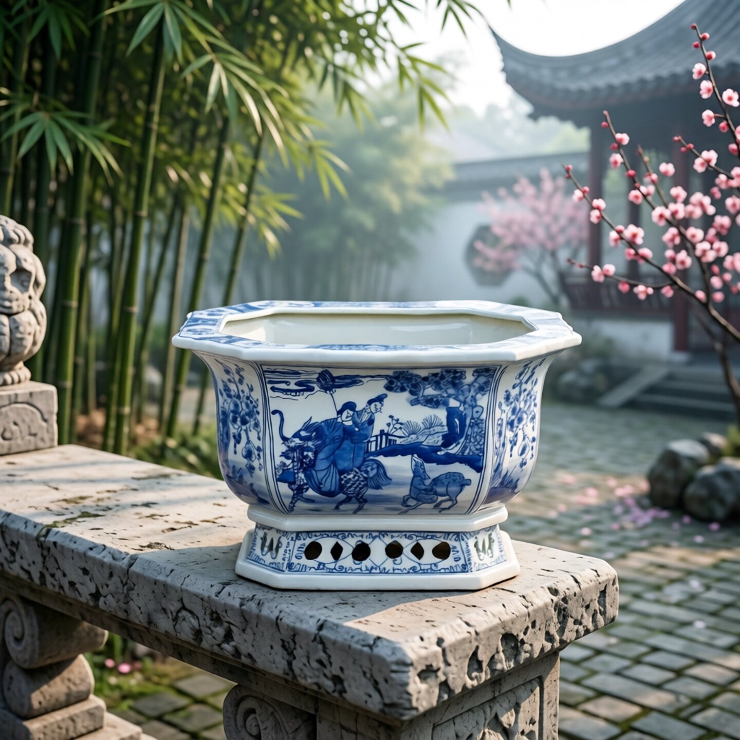景德镇青花瓷手绘人物花盆陶瓷方形种植盆古典中式水培盆栽大花盆