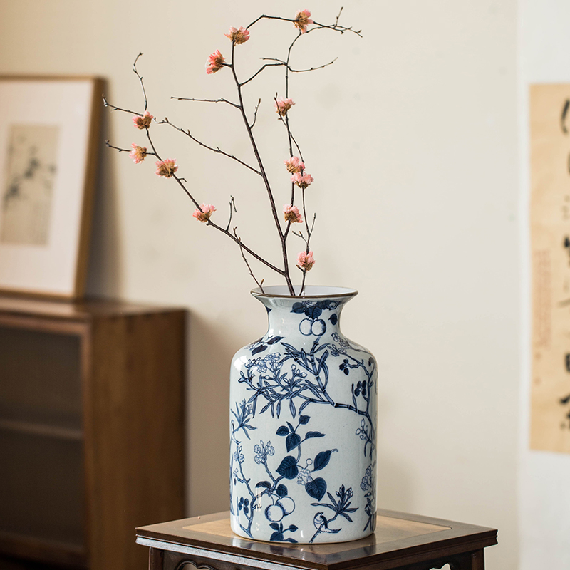 中式青花陶瓷花瓶青花瓷插花瓷瓶景德镇古典大肚子瓷罐客厅摆件