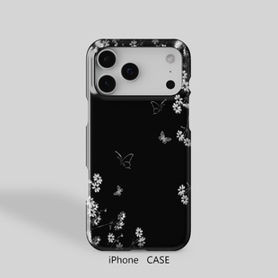 黑色花卉蝴蝶适用于iPhone17ProMax轻薄15适用于14苹果13手机壳12不掉色11环保可水洗硬壳磨砂散热半包保护壳