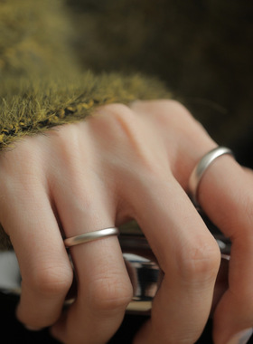 蒂奇925纯银情侣戒雾面磨砂素圈戒指复古小众设计食指戒男女对戒