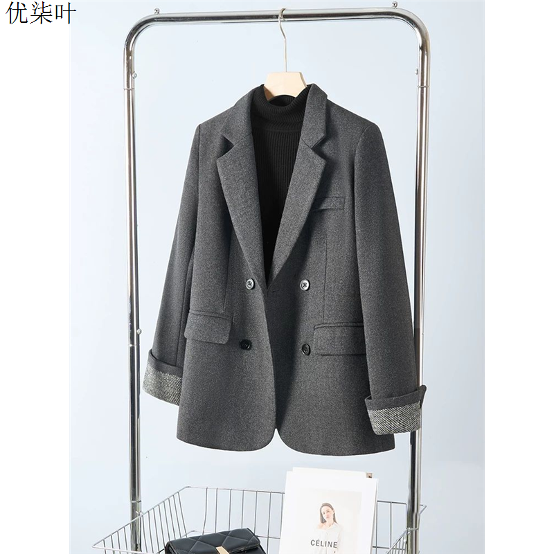 灰色羊毛西装外套女秋冬加厚2025新款高级感气质女士毛呢西服上衣