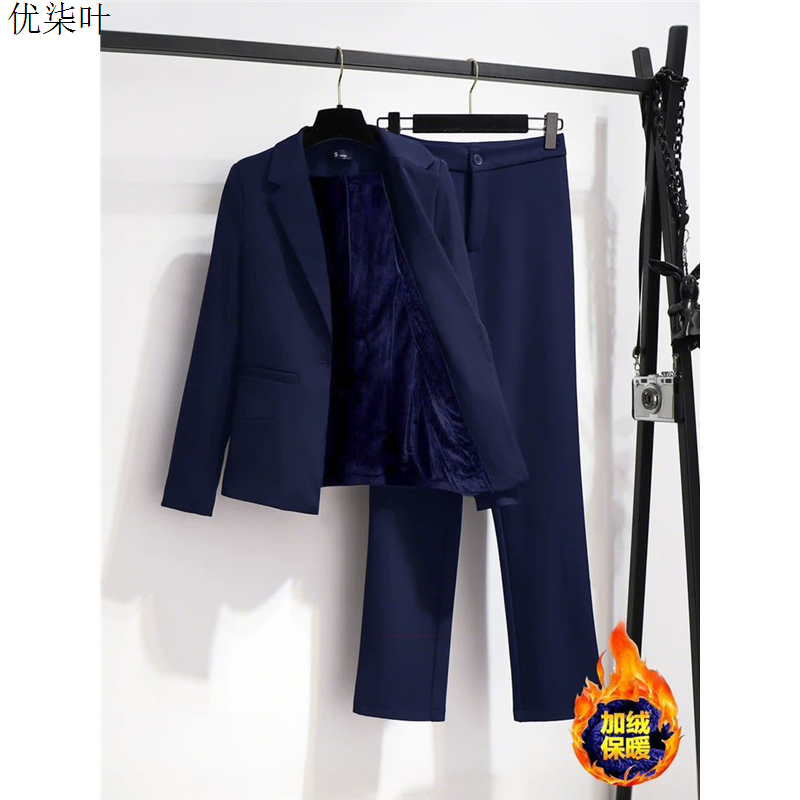加绒保暖蓝色西装套装女2025新款秋冬季职业正装加厚通勤西服外套