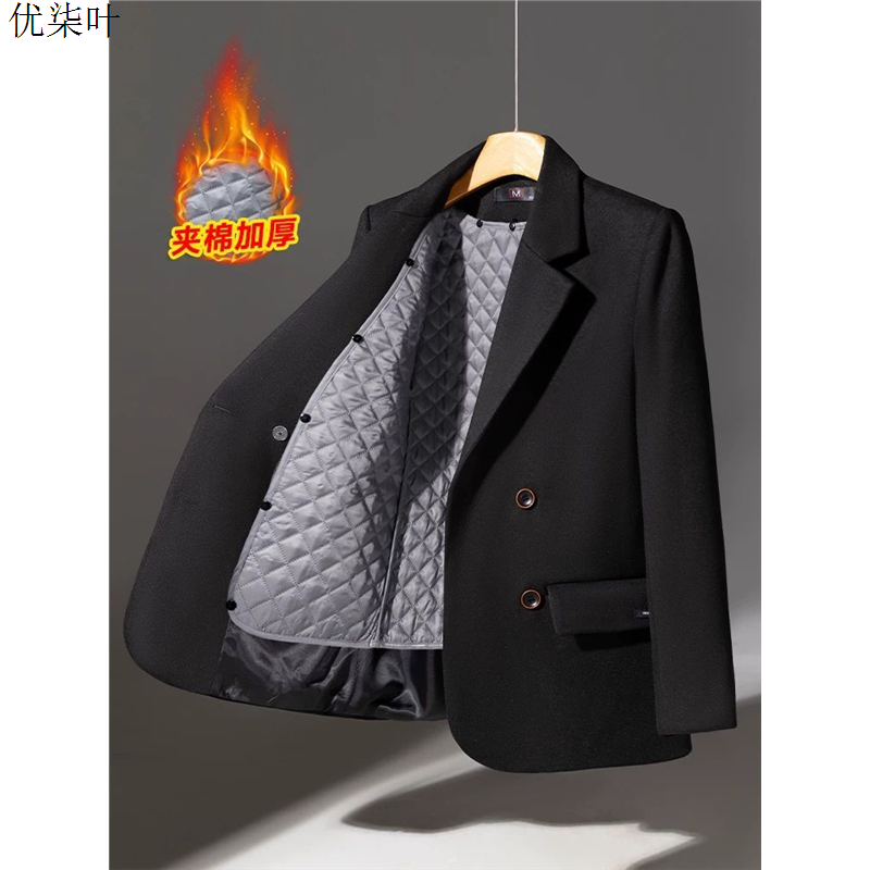 休闲毛呢西装外套女装冬季加厚气质名媛高级感双排扣夹棉黑色西服